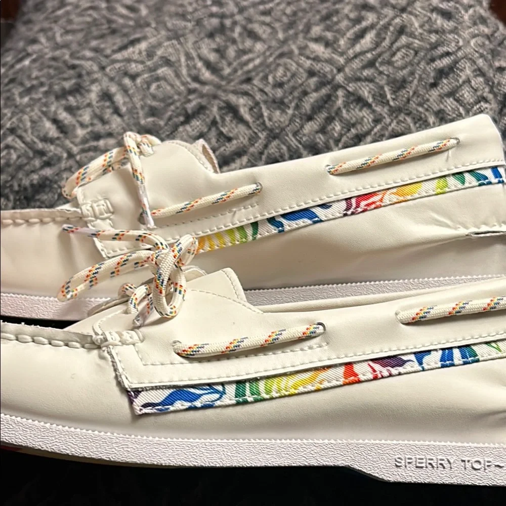 Sperry Men's Authentic Original Pride 2-Eye White/Rainbow Boat Shoes, Size 10